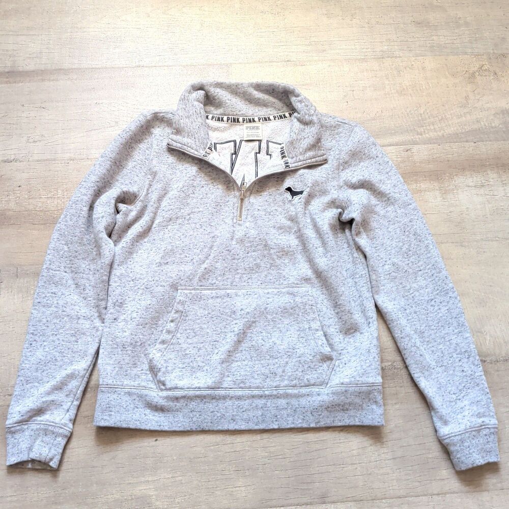 NEW VICTORIA'S SECRET "PINK" Half Zip Campus Pullover Sweatshirt Marl Grey SZ S